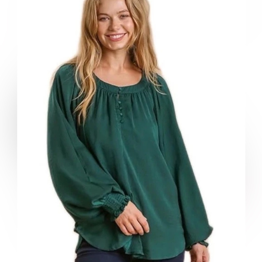 Umgee Washed Satin Emerald Button Front Long Puff Sleeve Top Smocked Cuff blouse
